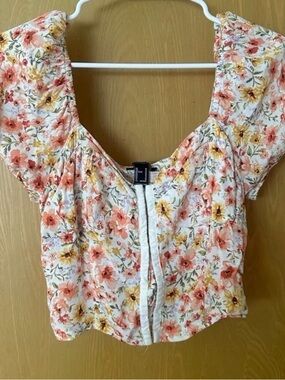 Forever 21 Floral Puff-Sleeve Crop Top - Peach, Yellow & Cream